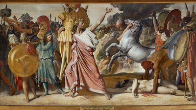 Romulus, vítěz nad Acronem, nese Acronovo tělo do Jupiterova chrámu (malba na plátně) od Jean Auguste Dominique Ingres