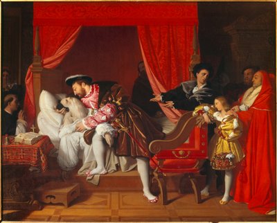 Francouzský král Francois I. (1492-1547) přijímá poslední vzdechy Leonarda de Vinci v Clos Luce od Jean Auguste Dominique Ingres