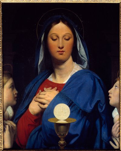 Panna má hostitele. Symboly přijímání: Předmět eucharistie (hostie jako tělo Kristovo a víno z kalicha jako jeho krev). Obraz Jean Auguste Dominique Ingres (1780-1867) od Jean Auguste Dominique Ingres