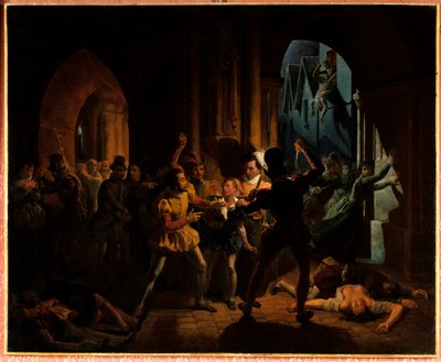 Maxmilián z Bethune uniká masakru svatého Bartoloměje. Maxmilián z Bethune (který se stal vévodou ze Sully 1559-1641), vychován na burgundské koleji v Paříži, byl zachráněn Jindřichem Navarrským (1553-1610) (tehdejším králem Jindřichem IV.) a stal se jeho  od Jean-Auguste Dubouloz