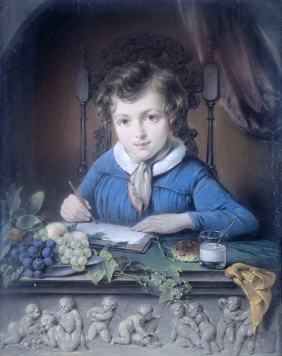 Portrét chlapce, který sedí v okenním výklenku a má na sobě modrou bundu od Jean Augustin Daiwaille (attributed to)