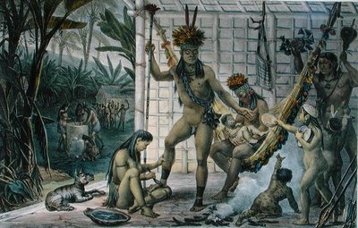 Rodina indiánského náčelníka Camacan se připravuje na festival, ilustrace z „Voyage Pittoresque et Historique au Bresil“, od Jean-Baptise Debreta (1768-1848), vydaného v Paříži od Jean Baptiste (after) Debret