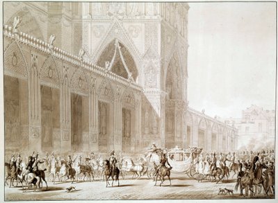 Příjezd v kočáru císaře Napoleona I. (1769-1821) a imprese Josephine de Beauharnais (1763-1814) do katedrály Notre Dame de Paris v Den posvátného tisku po „Knize posvátné“ od Jean Baptiste Isabey ( 1767-1855) 19. století od Jean Baptiste (after) Isabey