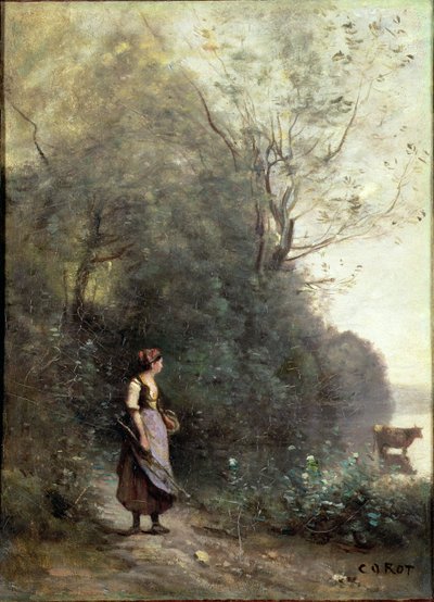 Rolnice pasoucí krávu na okraji lesa, cca 1865-70 od Jean Baptiste Camille Corot