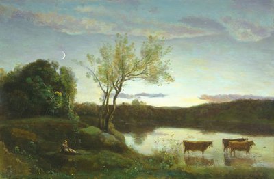 Rybník se třemi krávami a půlměsícem, kolem roku 1850 od Jean Baptiste Camille Corot