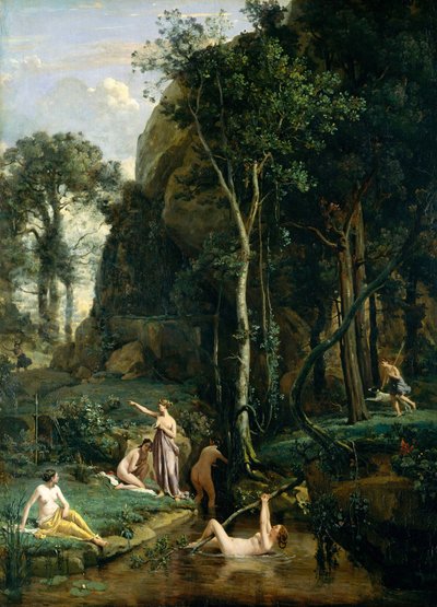 Aktaeon překvapí bohyni Artemis (Dianu) při koupání se svými společníky. od Jean Baptiste Camille Corot