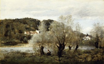Rybář na okraji rybníka ve vesnici Avary; Pecheur au Bord de L"Etang a Ville d"Avray, kolem 1850-55 od Jean Baptiste Camille Corot