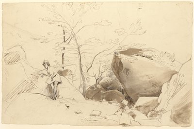 Fontainebleau, postava opřená o skálu od Jean Baptiste Camille Corot