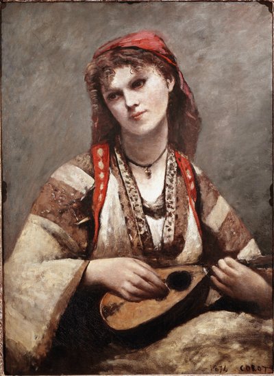Cikán má mandolínu. Obraz Jean-Baptiste Camille Corot (1796-1875). 1874. Muzeum umění v Sao Paulu. Brazílie od Jean Baptiste Camille Corot