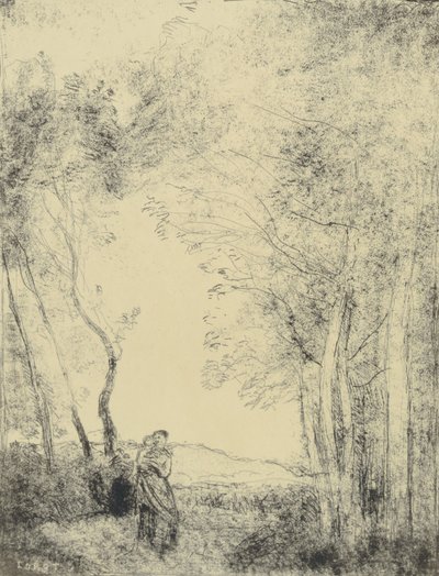Mladá matka u vchodu do lesa od Jean Baptiste Camille Corot