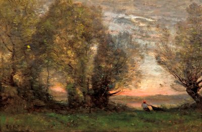 "Rybář, večerní efekt" (Rybář, večerní efekt) Obraz Jean-Baptiste Camille Corot (1796-1875) - cca 1860-1870 - Olej na plátně Rozměr 27,7x41,4 cm Galerie umění Jižní Austrálie od Jean Baptiste Camille Corot