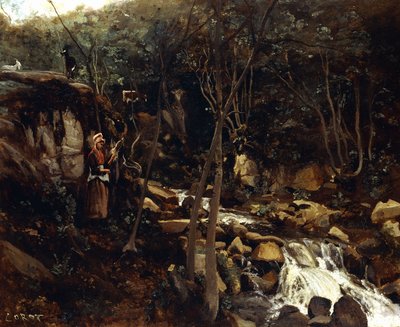 Lormes - Torrent se stojícím rolníkem, Předení vlny, 1842 od Jean Baptiste Camille Corot