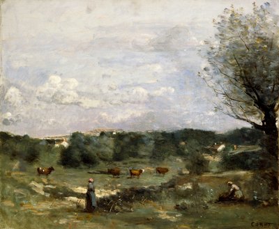 Louka s krávami, vrba vpravo a vzdálená vesnice, od Jean Baptiste Camille Corot