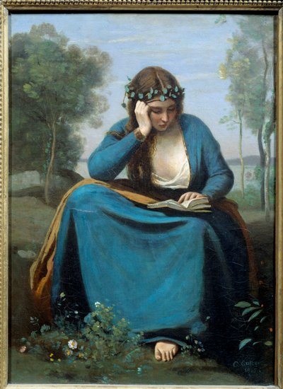 Čtenář korunovaný květinami aneb múza od Virgile Painting od Camille Corot (1796-1875) 1845 Rozm. 0,45x0,34 m od Jean Baptiste Camille Corot