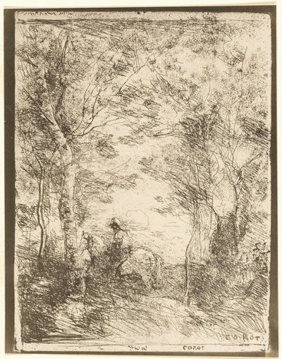 Jezdec v lese, malý talíř od Jean Baptiste Camille Corot