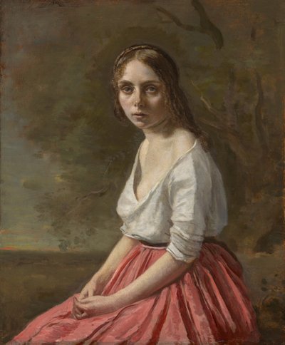 Mladá žena v růžové sukni, c.1845-50 od Jean Baptiste Camille Corot