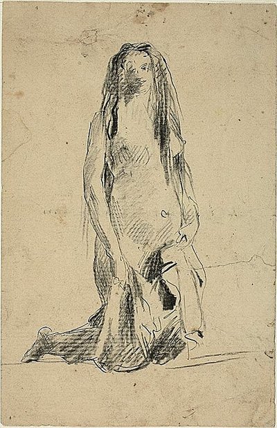 Klečící nahá žena se závěsem od Jean-Baptiste Carpeaux