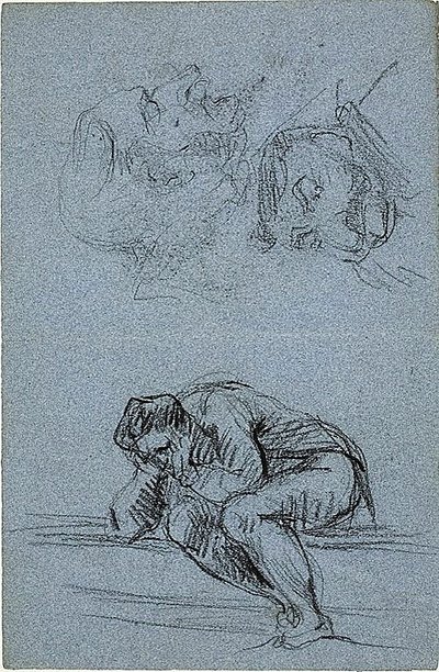 Sedící postava s hlavou v rukou a dvě karikatury (recto); čtyři postavy v lunetě (verso) od Jean-Baptiste Carpeaux