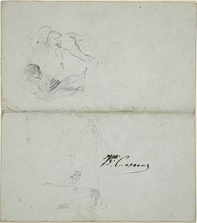 Skici dvou dětí, lodě na moři (recto); skici kráčející mužské postavy držící hůl a pobřežní scény (verso) od Jean-Baptiste Carpeaux