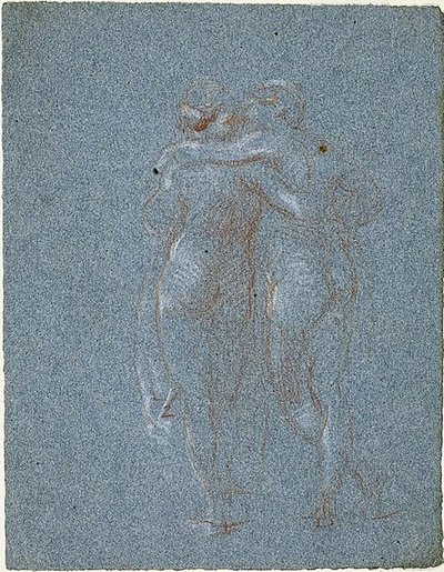 Dvě stojící postavy, objímající se (recto); Muž s kosou a náčrtky budov (verze) od Jean-Baptiste Carpeaux