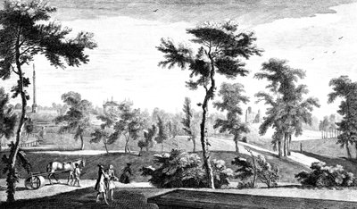 Pohled z řeckého chrámu na sloup lorda Cobhama, Stowe House Gardens, vyrytý George Bickham, 1753 od Jean Baptiste Claude Chatelain