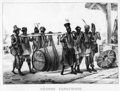 "Black Cangueiros" - Mustat portterit kantavat tynnyriä, kaiverrus Thierry Freres (fl.1827-45), 1835 od Jean Baptiste Debret