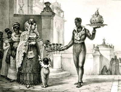 Prodejce květin za dveřmi kostela z „Voyage Pittoresque et Historique au Bresil“, od Jean Baptiste Debret