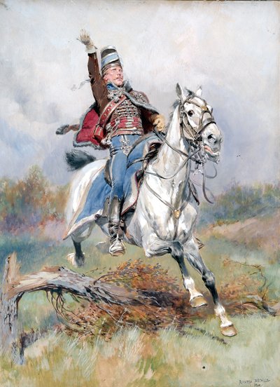 Francouzský kavalerista na koni, 1900 (kvaš a čb na papíře) od Jean Baptiste Edouard Detaille