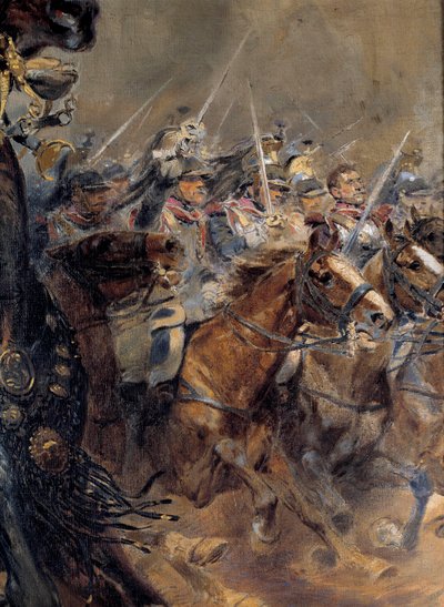 Napoleonská válka: „“ Poslední obvinění generála Antoina Charlese Comte de Lasalle (1775-1809), zabitého ve Wagramu 6. července od Jean Baptiste Edouard Detaille