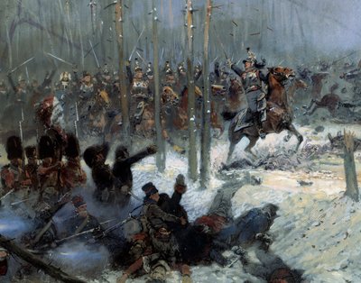 Ruské tažení v roce 1812: “” Náboj 7. bitevní lodi plukovníka Duboise u la Berezina (Beresina) dne 28. 11. 1812 v Rusku”” Detail. Obraz Jean-Baptiste-Edouarda (Jean Baptiste Edouard) Detaille (1848-1912) 19. stol. Paříž, Musee de l