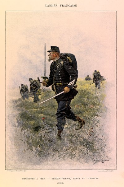 Typy a uniformy francouzské armády kapitána Julese Richarda, ilustrované Edouardem Detaillem (1848-1912): Foot Hunters: Sergeant Major in Field Dress in 1885, Private Collection od Jean Baptiste Edouard Detaille