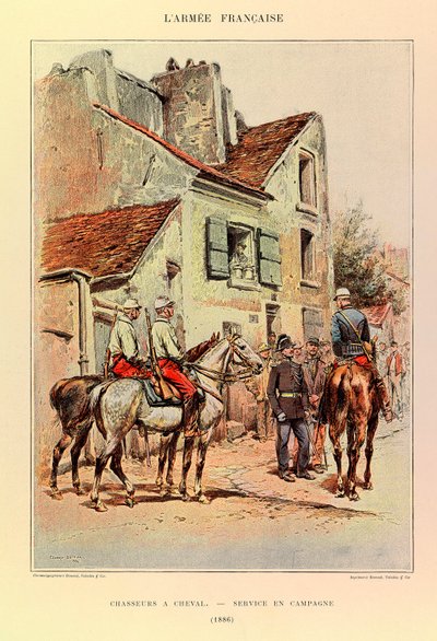 Druhy a uniformy francouzské Armee kapitána Jules Richard, ilustrovaný Edouard Detaille (1848-1912): Lovci koňského hřbetu; Polní služba v roce 1886, soukromá sbírka od Jean Baptiste Edouard Detaille