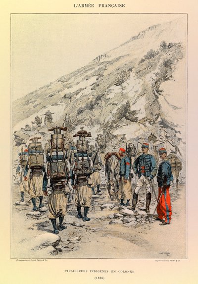 Typy a uniformy francouzské armády kapitána Julese Richarda, ilustrované Edouardem Detaillem (1848-1912): Indigenes Tirailleurs in Column v roce 1886, soukromá sbírka od Jean Baptiste Edouard Detaille