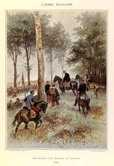 Typy a uniformy francouzské armády kapitána Julese Richarda, ilustrované Edouardem Detaillem (1848-1912): štáb divizního generála v roce 1884, soukromá sbírka od Jean Baptiste Edouard Detaille