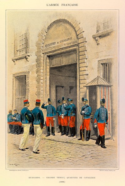 Typy a uniformy francouzské armády kapitána Julese Richarda, ilustrované Edouardem Detaillem (1848-1912): Hussards in Great Dress; Cavalry District v roce 1886, Soukromá sbírka od Jean Baptiste Edouard Detaille