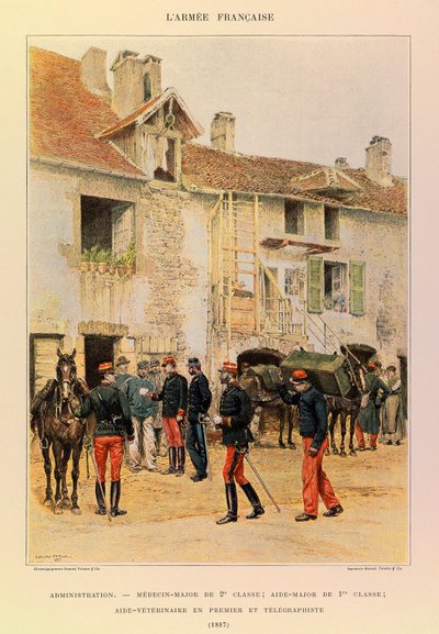Typy a uniformy francouzské armády kapitána Julese Richarda, ilustrované Edouardem Detaillem (1848-1912): Správa: Medicin Major 2. třídy; major 1, ere Class; Veterinary Aide First and Telegrapher v roce 1887, soukromá sbírka od Jean Baptiste Edouard Detaille