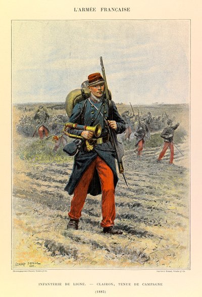 Typy a uniformy francouzské armády kapitána Julese Richarda, ilustrované Edouardem Detaillem (1848-1912): Line Infantry; Clairon v polních šatech z roku 1885, soukromá sbírka od Jean Baptiste Edouard Detaille