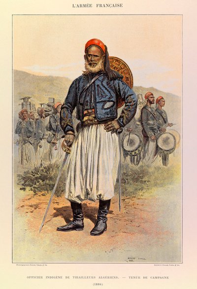 Typy a uniformy francouzské armády kapitána Julese Richarda, ilustrované Edouardem Detaillem (1848-1912): Domorodý důstojník alžírských tuniorů v polních šatech v roce 1886, soukromá sbírka od Jean Baptiste Edouard Detaille