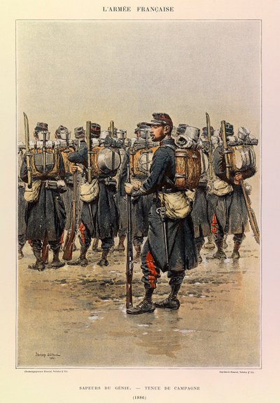 Typy a uniformy francouzské armády kapitána Julese Richarda, ilustrované Edouardem Detaillem (1848-1912): Sapper of the Genie in Country Dress in 1886, Private Collection od Jean Baptiste Edouard Detaille