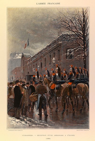 Typy a uniformy francouzské armády kapitána Julese Richarda, ilustrované Edouardem Detaillem (1848-1912): Kyrysníci: Reception of an Embassy at Elysee in 1886, Private Collection od Jean Baptiste Edouard Detaille