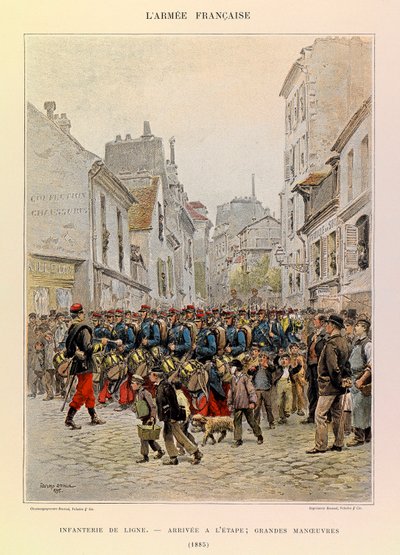 Typy a uniformy francouzské armády kapitána Julese Richarda, ilustrované Edouardem Detaillem (1848-1912): Řádová pěchota: Příjezd na jeviště během velkých manévrů v roce 1885, Soukromá sbírka od Jean Baptiste Edouard Detaille