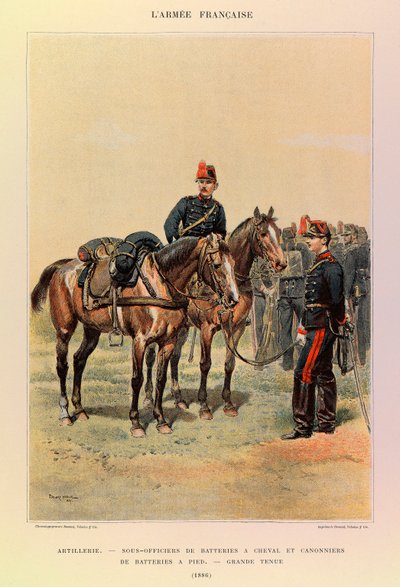 Typy a uniformy francouzské armády kapitána Julese Richarda, ilustroval Edouard Detaille (1848-1912): Dělostřelectvo: Poddůstojníci baterií na koních a dělostřelci baterií pěšky ve velkém oděvu v roce 1886, soukromá sbírka od Jean Baptiste Edouard Detaille