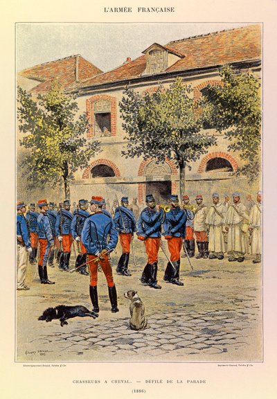 Typy a uniformy francouzské armády kapitána Julese Richarda, ilustrované Edouardem Detaillem (1848-1912): Lovci na koni; Defile de la parade en 1886, Collection Partiale od Jean Baptiste Edouard Detaille