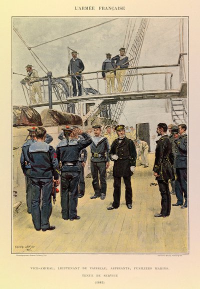 Typy a uniformy francouzské armády kapitána Julese Richarda, ilustrované Edouardem Detaillem (1848-1912): Námořnictvo: viceadmirál, poručík lodi, aspiranti, námořní pušky ve služebním oděvu v roce 1885, soukromá sbírka od Jean Baptiste Edouard Detaille