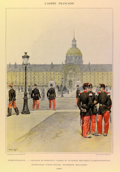 Typy a uniformy francouzské armády kapitána Julese Richarda, ilustrované Edouardem Detaillem (1848-1912): Administrativa: Jezdec, vojenský úředník a administrativní pracovníci, štábní sekretářky, vojenské ošetřovatelky v roce 1887, Soukromá sbírka od Jean Baptiste Edouard Detaille
