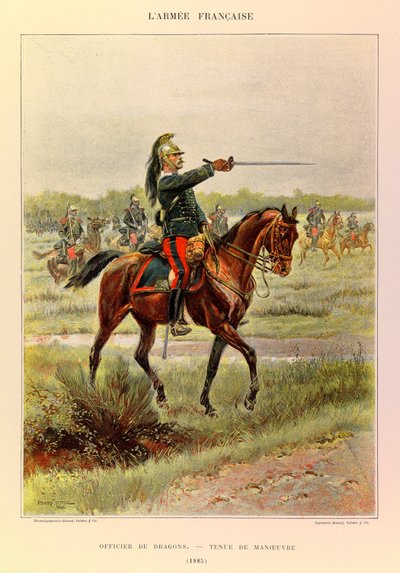 Typy a uniformy francouzské armády kapitána Julese Richarda, ilustrované Edouardem Detaillem (1848-1912): Důstojník draků v manévrovém obleku v roce 1885, soukromá sbírka od Jean Baptiste Edouard Detaille