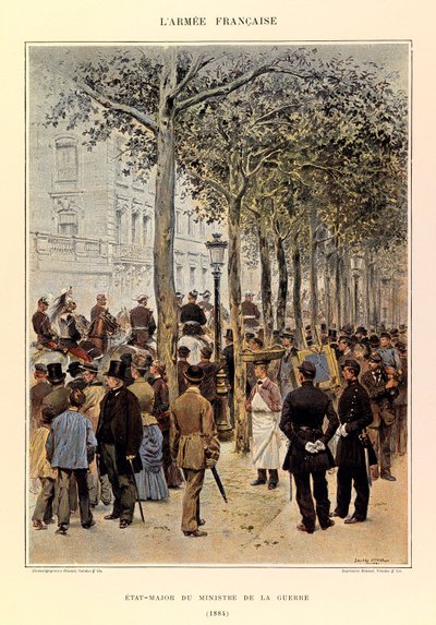 Typy a uniformy francouzské armády kapitána Julese Richarda, ilustrované Edouardem Detaillem (1848-1912): štáb ministra války v roce 1884, soukromá sbírka od Jean Baptiste Edouard Detaille