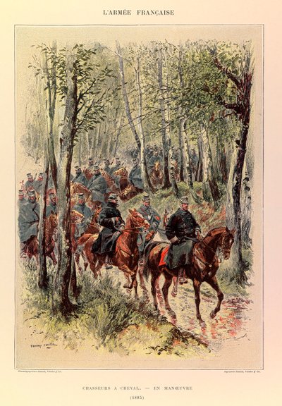 Typy a uniformy francouzské armády kapitána Julese Richarda, ilustrované Edouardem Detaillem (1848-1912): Lovci koně v manévru v roce 1885, soukromá sbírka od Jean Baptiste Edouard Detaille