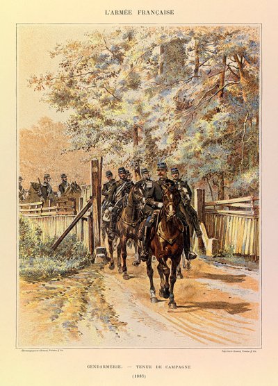 Typy a uniformy francouzské armády kapitána Julese Richarda, ilustrované Edouardem Detaillem (1848-1912): Četnictvo v polních šatech v roce 1887, soukromá sbírka od Jean Baptiste Edouard Detaille
