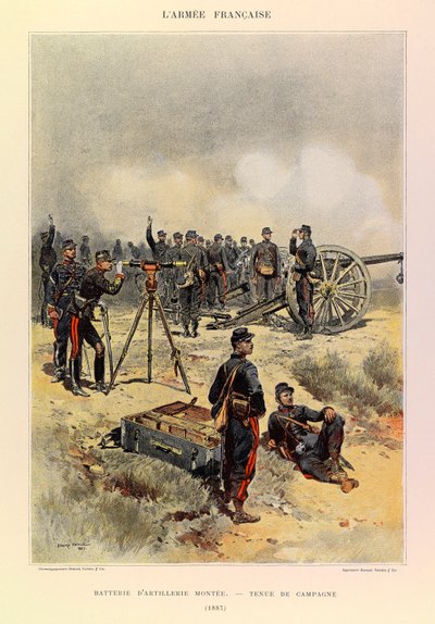 Typy a uniformy francouzské armády kapitána Julese Richarda, ilustrované Edouardem Detaillem (1848-1912): Baterie dělostřelectva namontovaná v polní uniformě v roce 1887, soukromá sbírka od Jean Baptiste Edouard Detaille